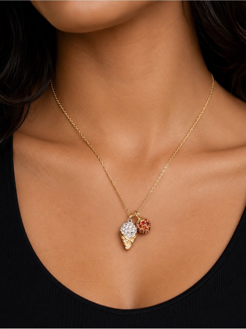 kate spade Gold Ice Cream Cone Necklace with Red and Clear Crystal Charms